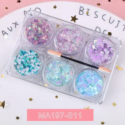 Rave Glow 6-Piece Glitter Gel Set featuring vibrant glitter gels in star shapes for festival glam.