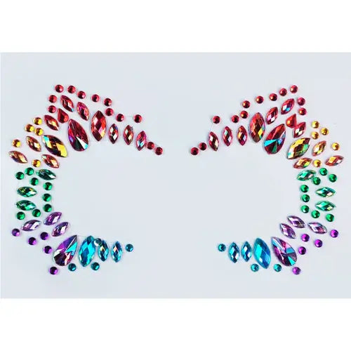 Colorful celestial prism face jewels in vibrant red, green, and blue gemstone clusters for festival makeup.
