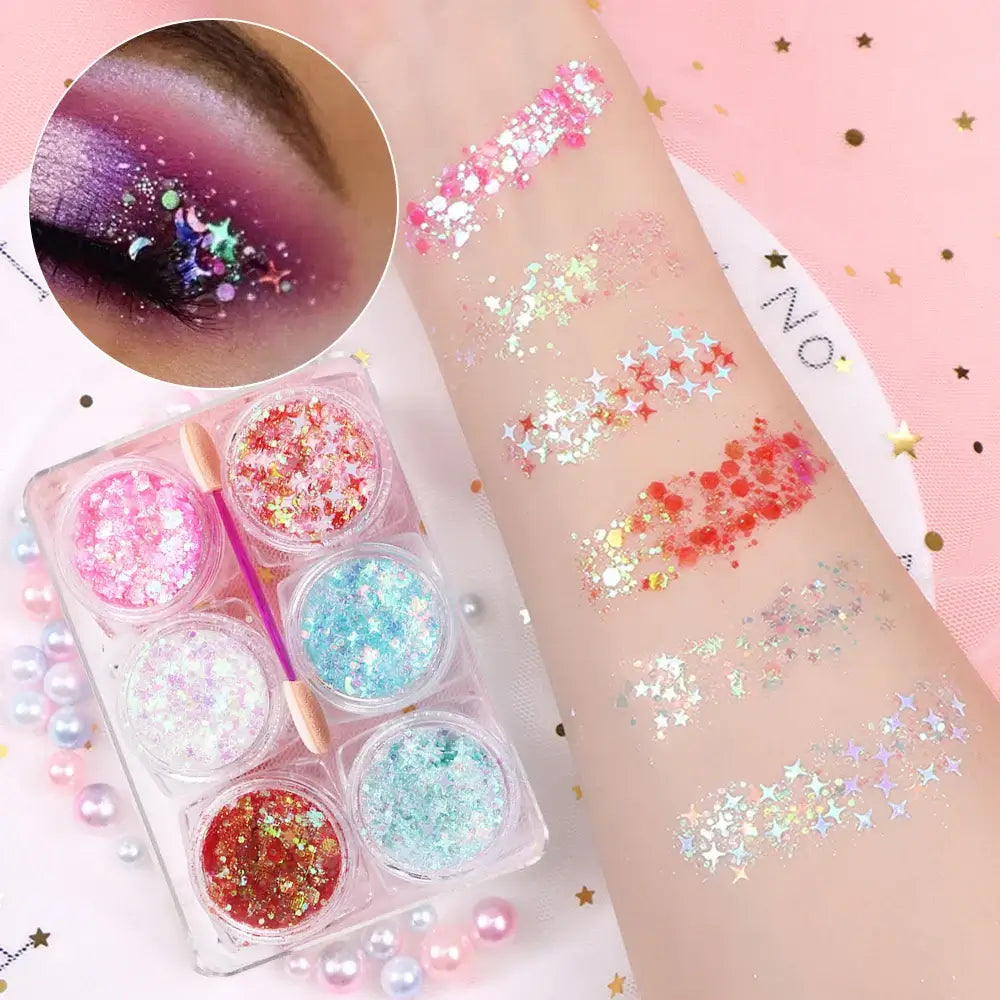 Rave Glow 6-Piece Glitter Gel Set showing vibrant glitter swatches on a wrist and a close-up of eye application.