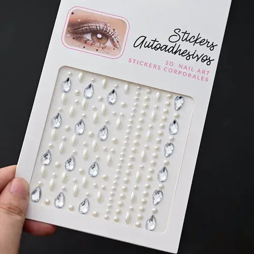 3D nail art stickers featuring silver and pearl rhinestones for creative designs and embellishments.