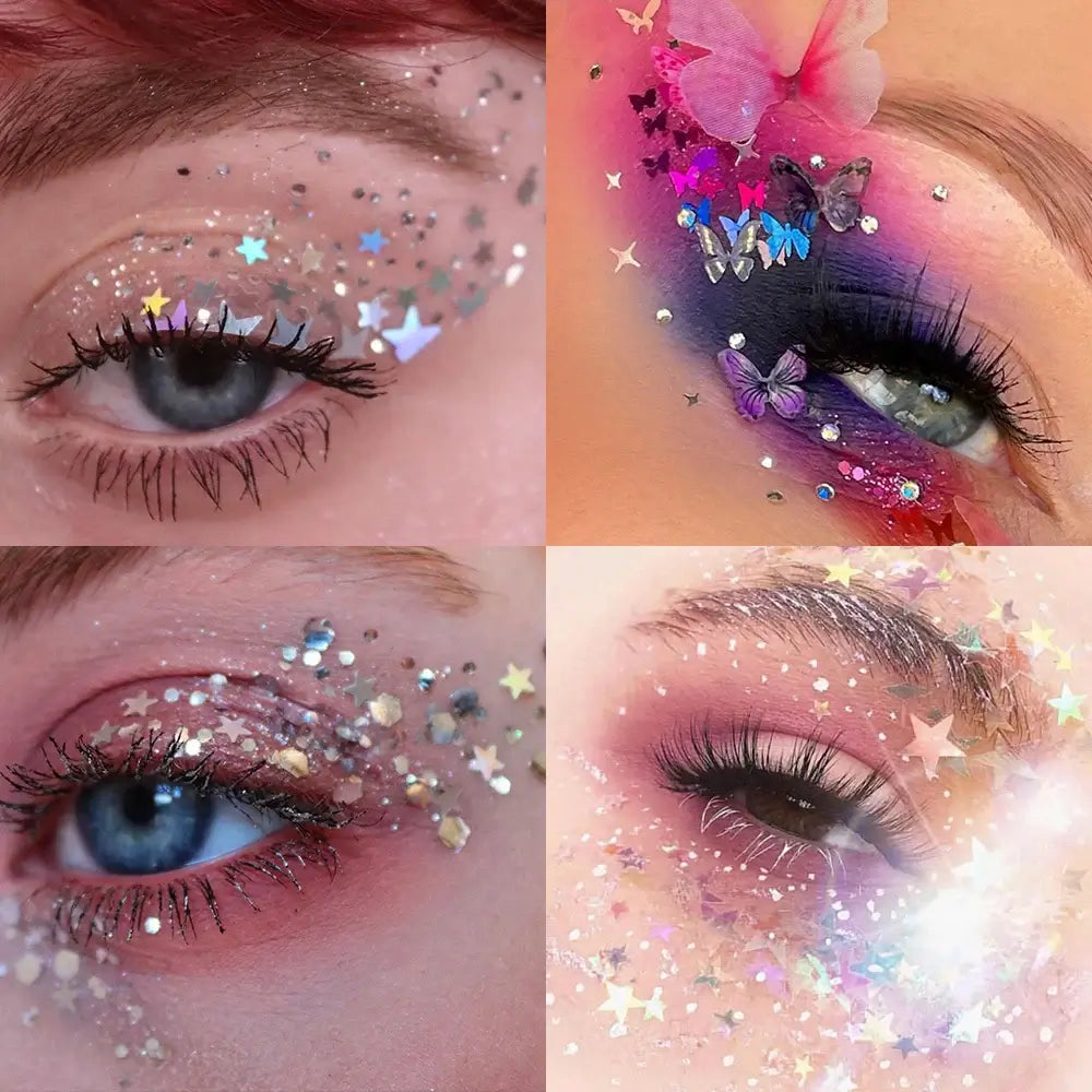 Four stunning eye makeup looks showcasing vibrant glitter and shimmer for festival glam with star and butterfly designs.