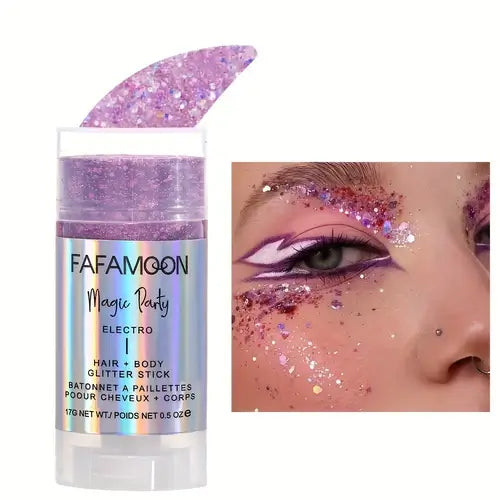 Magic Glow Glitter Stick by FAFAMOON for hair and body, shown with sparkling application on skin for a radiant look.