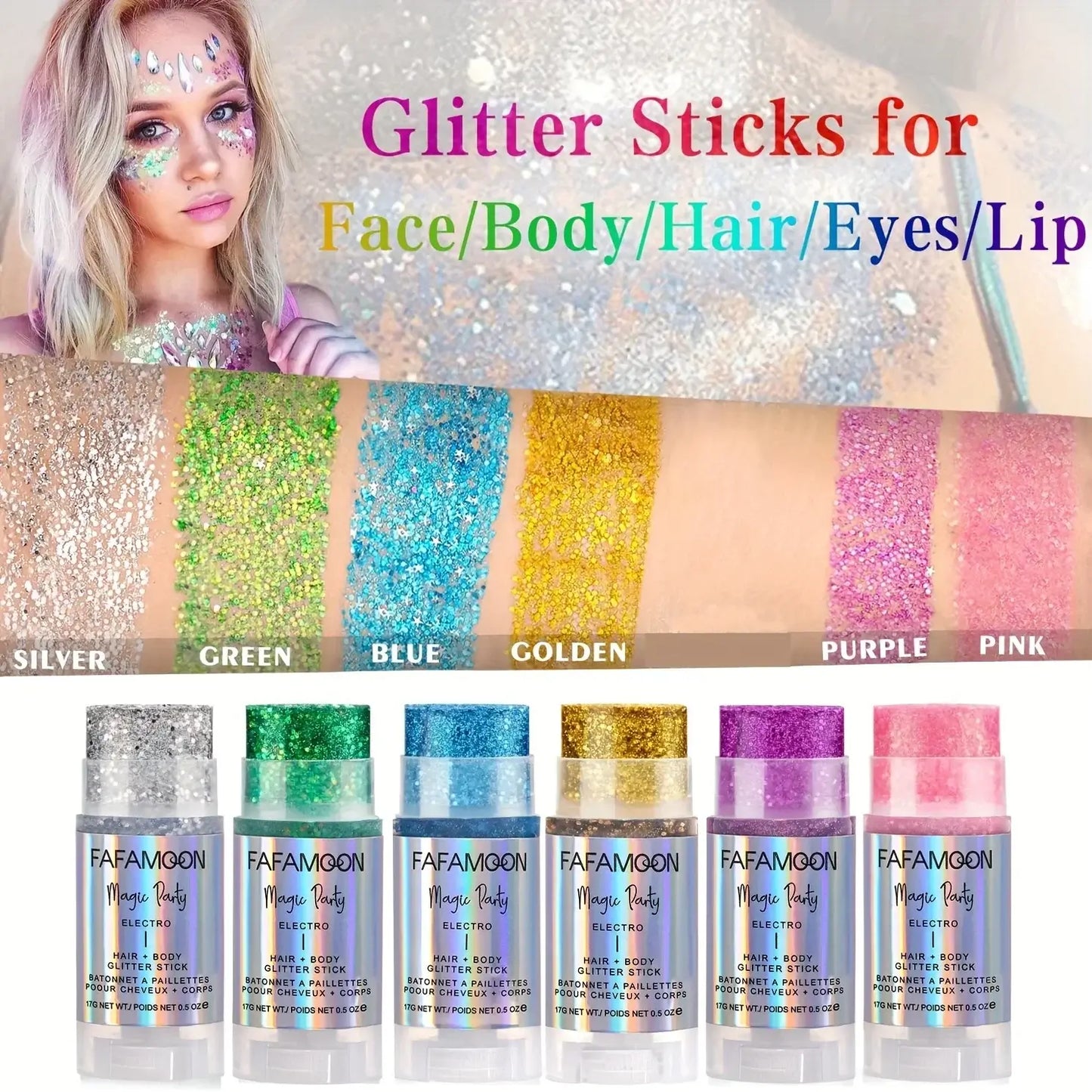 Colorful glitter sticks for face, body, hair, eyes, and lips with swatches in silver, green, blue, gold, purple, and pink.