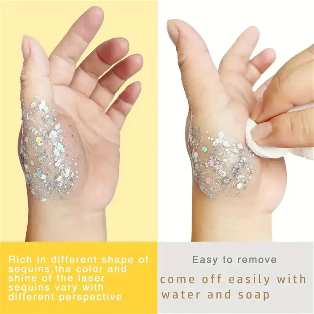 Close-up of hand with glitter gel showcasing vibrant sequins, easy to remove with water and soap.