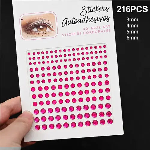 Pink self-adhesive rhinestone stickers for 3D nail art, available in various sizes, perfect for sparkle and glam.