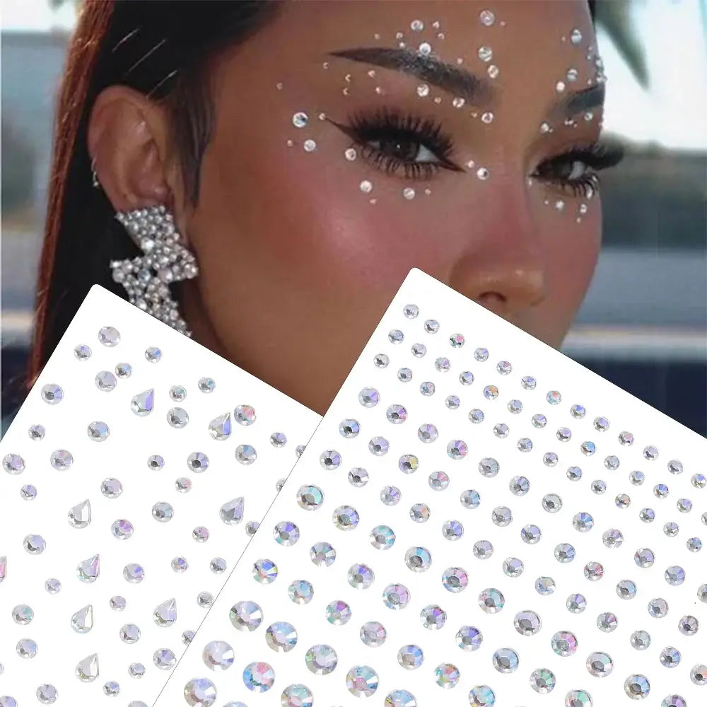 Stargirl Sparkle Gems featuring iridescent face gems in various shapes for festival glam and easy application.