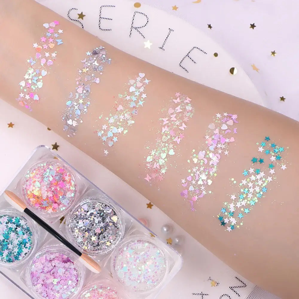 Glitter gels applied on a wrist showcasing vibrant star shapes from the Rave Glow 6-Piece Glitter Gel Set.