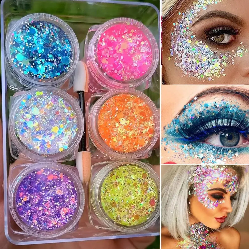 Rave Glow 6-Piece Glitter Gel Set with six vibrant glitter jars for face and body decoration.