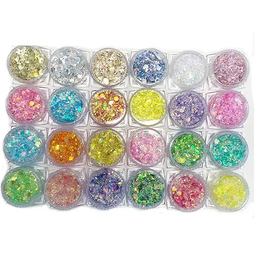 Colorful 24-piece Neon Nights Glitter Gel set in clear containers, ideal for festivals and parties with UV glow effect.