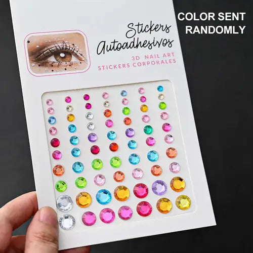 Colorful 3D nail art stickers with various rhinestones for fun and creative designs.