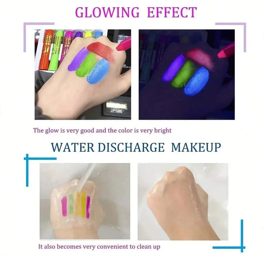 Demonstration of Neon Vibe UV Glow Crayon Set showcasing glowing effects and easy cleanup with water.