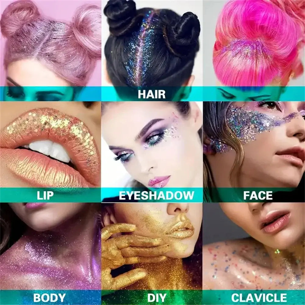 Collage of glitter beauty looks showcasing hair, lip, eyeshadow, face, body, and DIY sparkle styles.