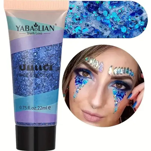 Rave Radiance Mermaid Glitter Gel in tube, with vibrant blue glitter design, showcased alongside a model with glittered face art.