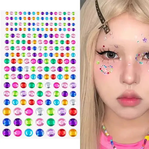 Stargirl Sparkle Gems with colorful rhinestones for festival glam, featuring various shapes and iridescent effects.