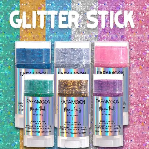 Display of Magic Glow Glitter Sticks in various colors for face, hair, and body shimmer.