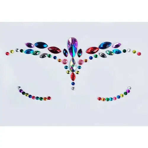 Colorful Celestial Prism Face Jewels, featuring iridescent crystals for festival looks.
