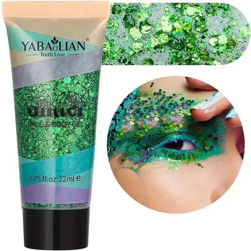YabaLian Glitter Face & Body Gel in green, showcasing sparkling shimmer for festival looks and vibrant makeup applications.