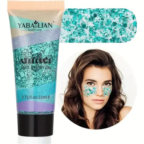 YABOLIAN Glitter Face & Body Gel in teal featuring a model with glitter on her face for a vibrant, shimmering look.