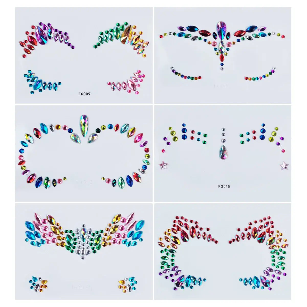 Set of Celestial Prism Face Jewels featuring colorful gemstone clusters for festival makeup.
