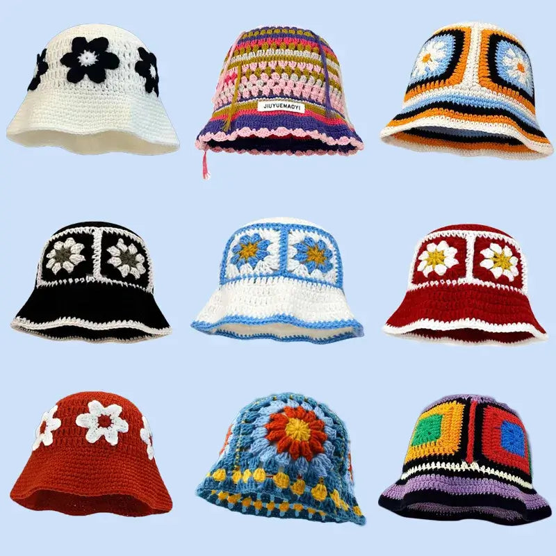 Colorful handmade crochet bucket hats displayed in various designs and patterns.