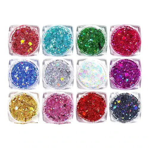 12-color Glitter Bomb Party Palette featuring vibrant glitters in various shades for face, body, and nails.