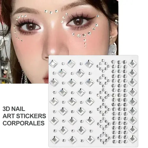 Close-up of a person adorned with rhinestone face gems and a sheet of 3D nail art stickers.