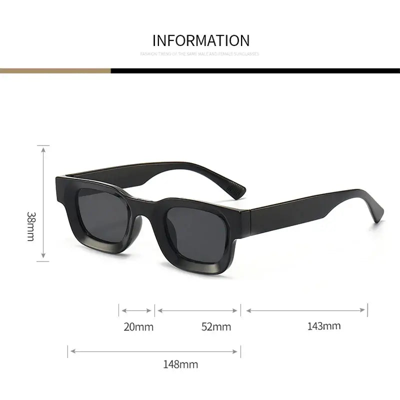 Bold block sunglasses with retro frames, showcasing dimensions for a stylish look.