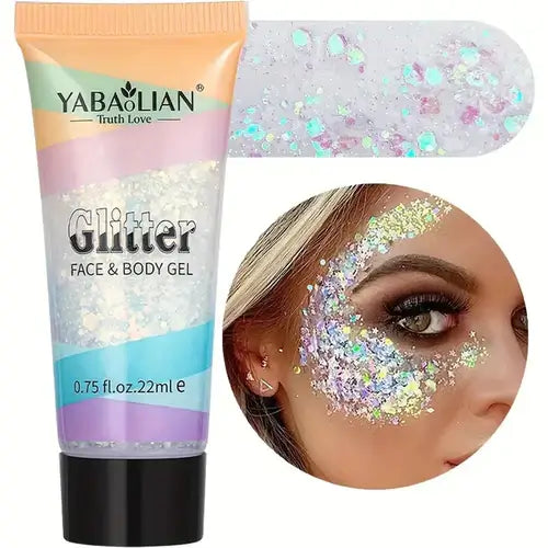 Yabalian Glitter Face & Body Gel with holographic sparkle showcased on model's cheek for festival-ready looks.