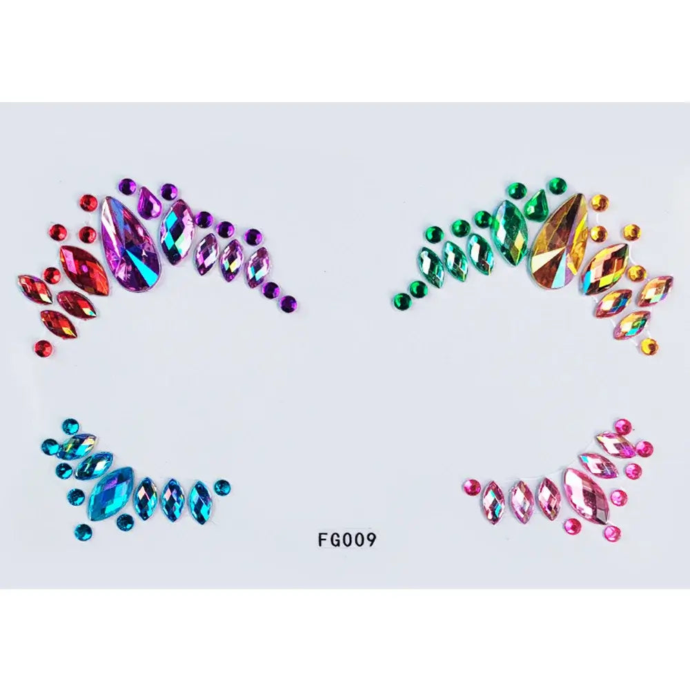 Colorful Celestial Prism Face Jewels in vibrant shades for festival makeup, featuring reusable peel-and-stick gemstone clusters.