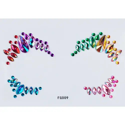Colorful Celestial Prism Face Jewels featuring iridescent crystals in vibrant shapes for face decoration.