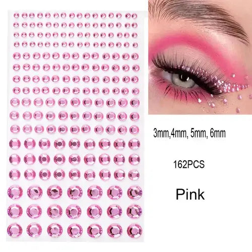 Pink rhinestone face gems in various sizes, perfect for festival makeup and glam looks.