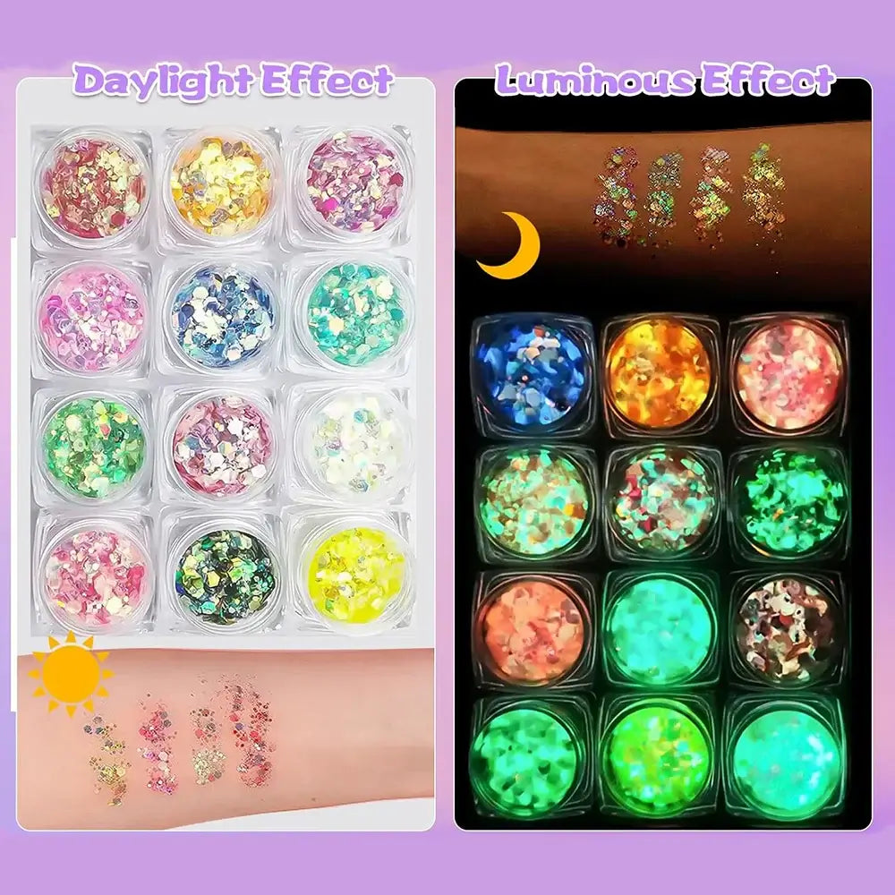 Neon Nights Glitter Gel Set showcasing daylight and luminous effects on skin, featuring vibrant glitters in 24 small containers.