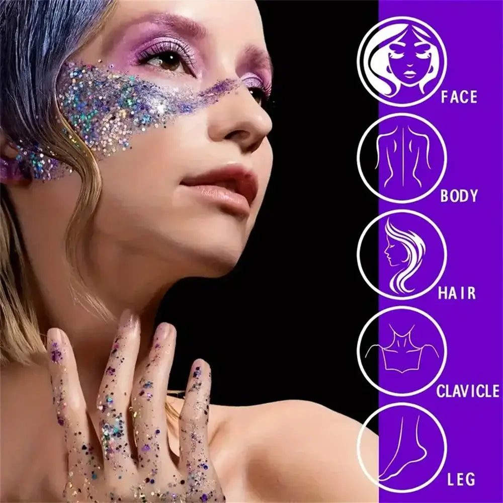 Model showcasing Rave Radiance Mermaid Glitter Gel on face and hands, highlighting its use on body, hair, clavicle, and legs.
