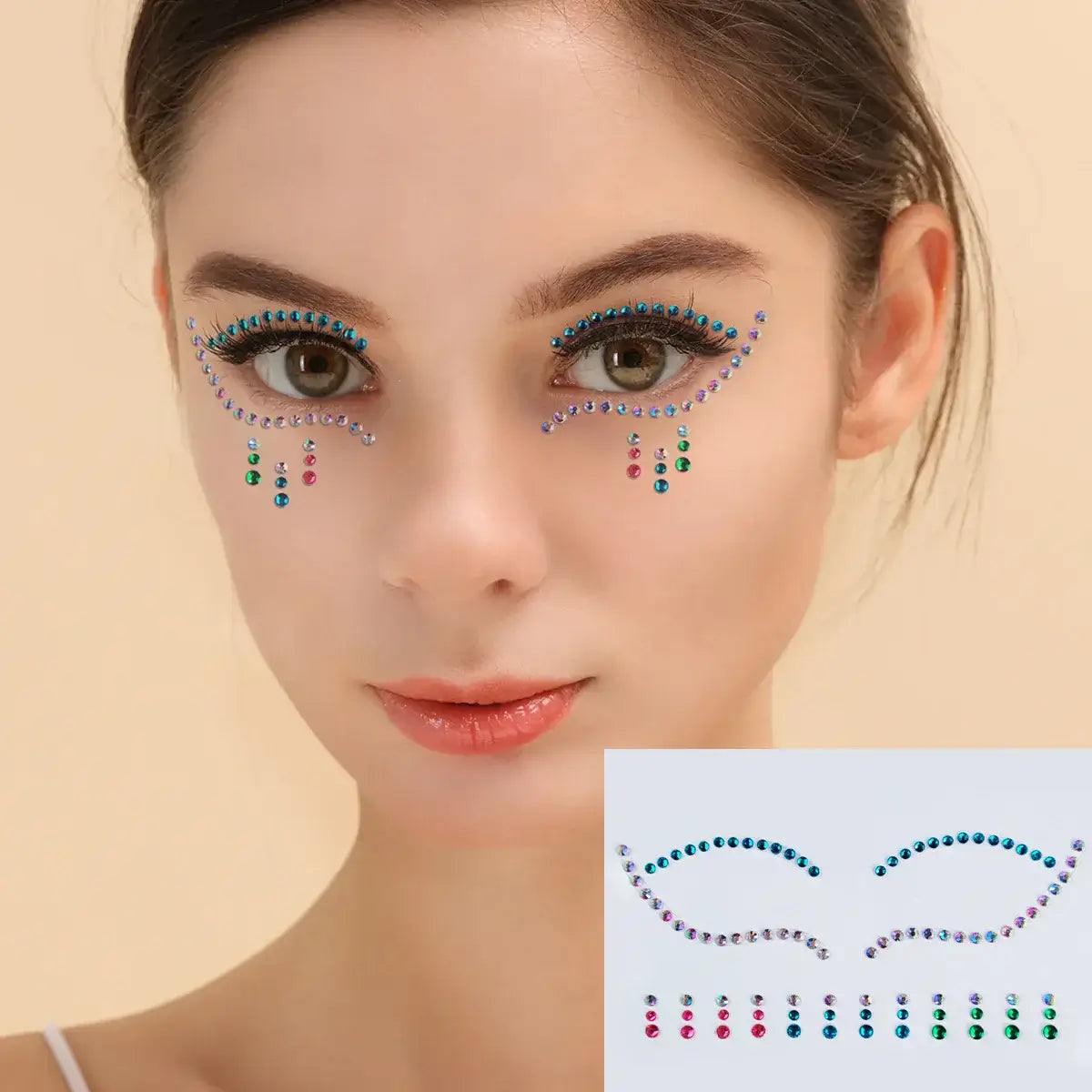 Model showcasing Celestial Prism Face Jewels with vibrant gemstones designed for festival makeup.