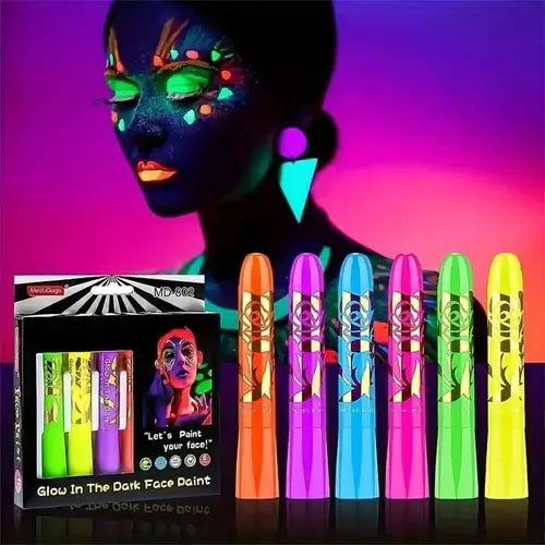 Neon Vibe UV Glow Crayon Set displayed with vibrant face paint under blacklight, featuring 6 colorful crayons in bright packaging.