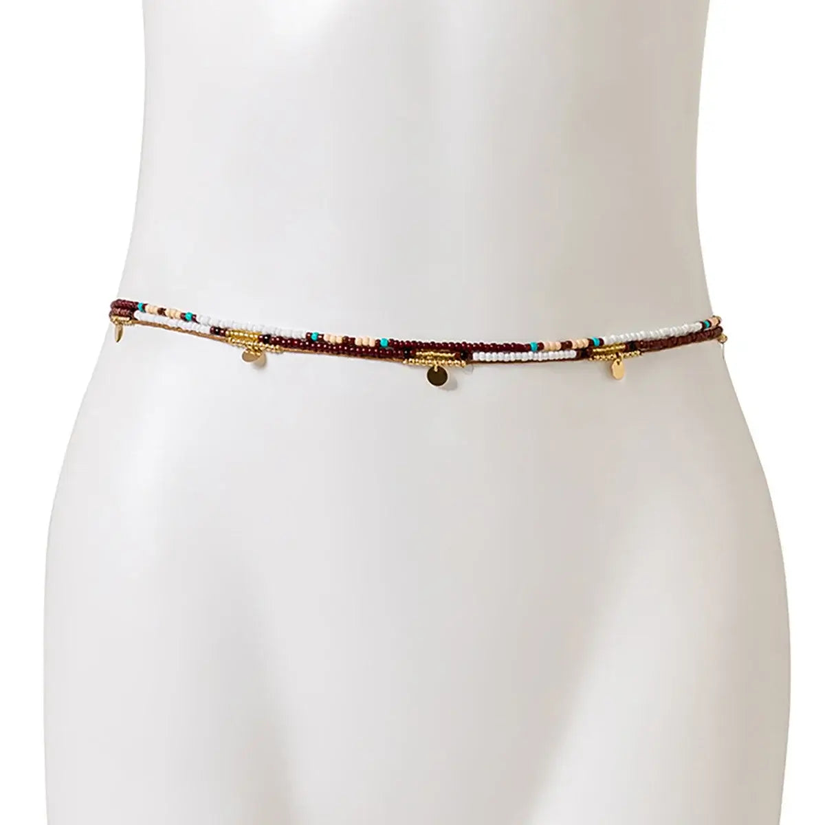 Boho Beats Beaded Waist Chain featuring vibrant seed beads and gold accents for a festival-ready look.