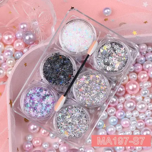 Rave Glow 6-Piece Glitter Gel Set featuring vibrant glitter jars and an applicator against a backdrop of colorful pearls.