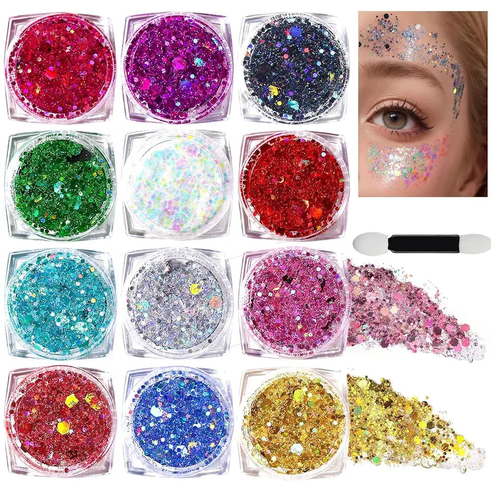 Glitter Bomb Party Palette featuring 12 vibrant colors for face, body, and hair with application tool.