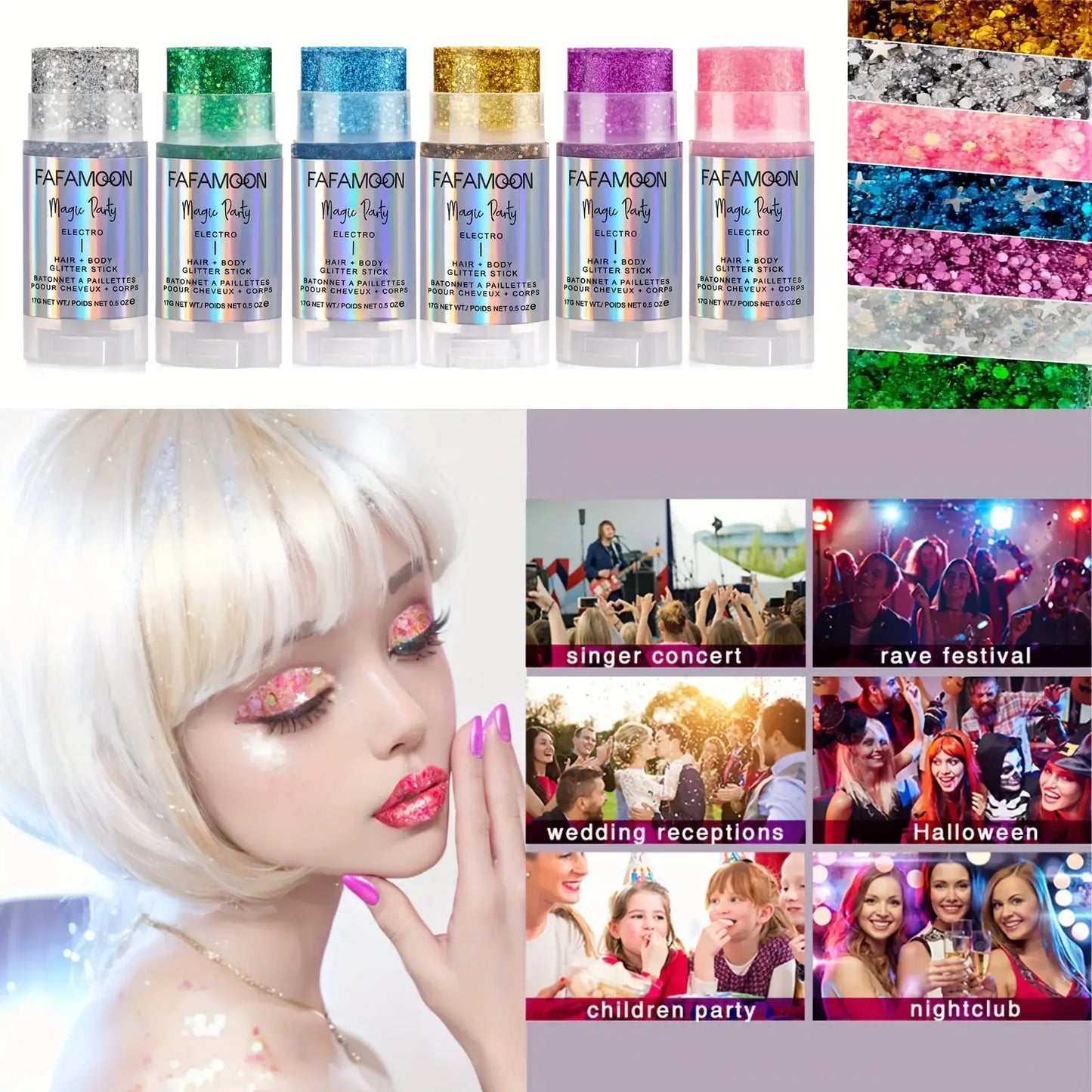 Magic Glow Glitter Stick collection with models showcasing shimmering looks for festivals, parties, and concerts.