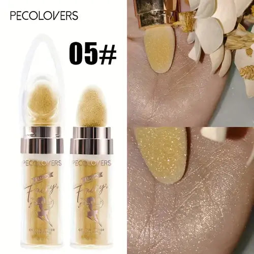 Fairy Dust Shimmer Powder by PECOLIVERS in shade 05#; features applicator and swatch on hand showcasing golden shine.