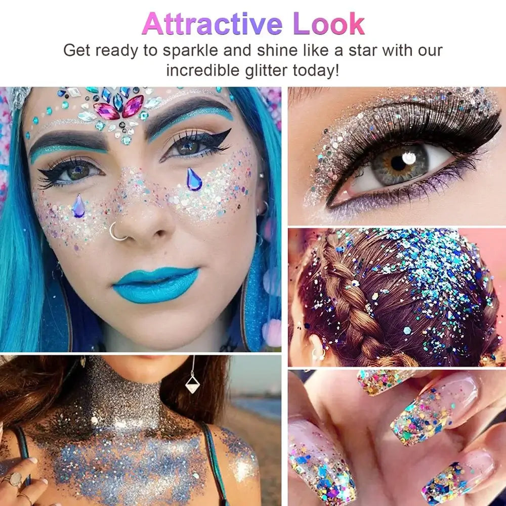 Collage showcasing vibrant glitter makeup looks for face, hair, and nails, emphasizing sparkle and glam.