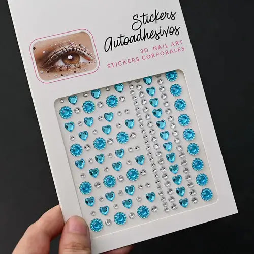 Stargirl Sparkle Gems in various shapes for 3D nail art, featuring blue hearts and rhinestones for festival glam.