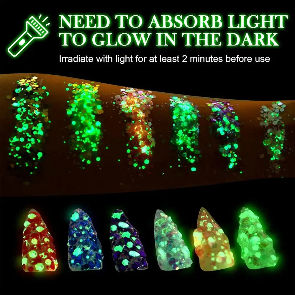 Glow in the dark glitter gel on skin, showcasing vibrant colors and application instructions for best results.