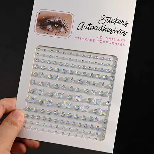 Stargirl Sparkle Gems with iridescent stickers in various shapes for nail art and festival glam.