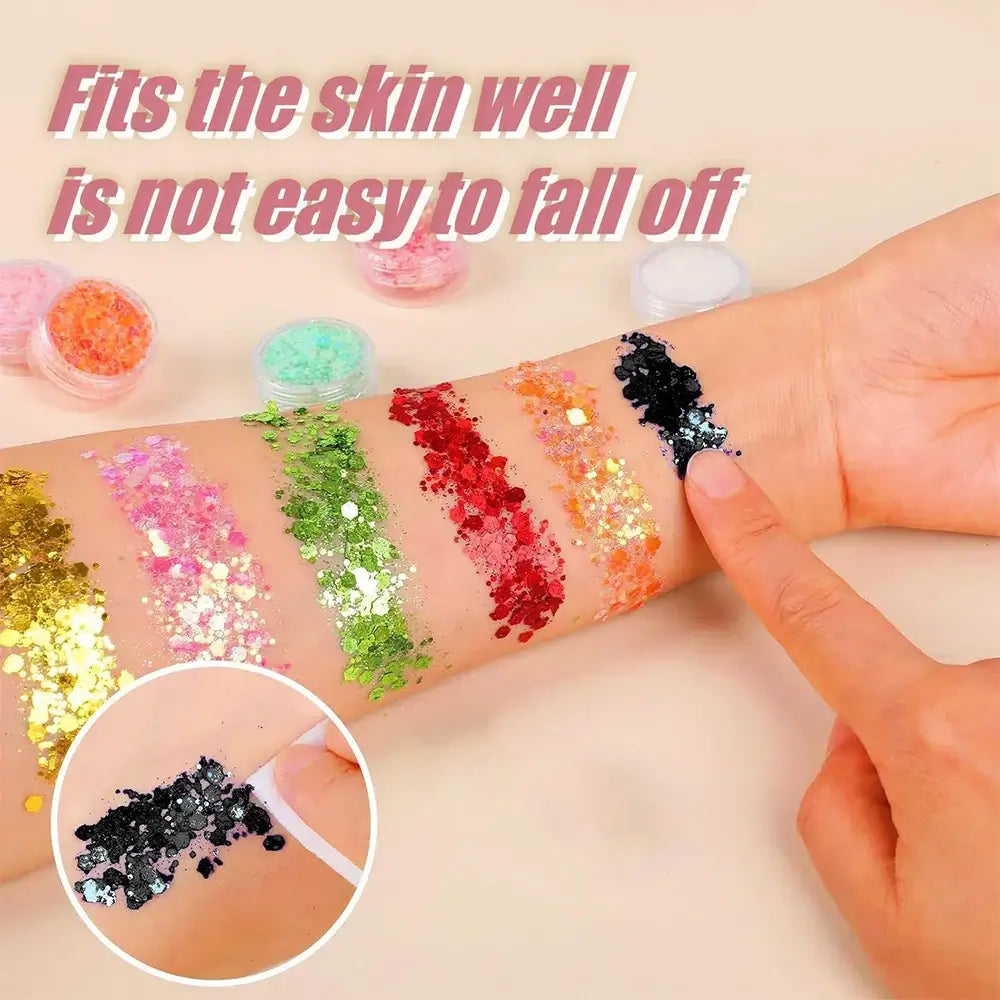 Close-up of glitter on skin, showcasing bold colors and easy application for vibrant looks.