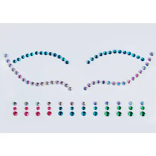 Celestial Prism Face Jewels set featuring colorful gemstone clusters for vibrant festival makeup.