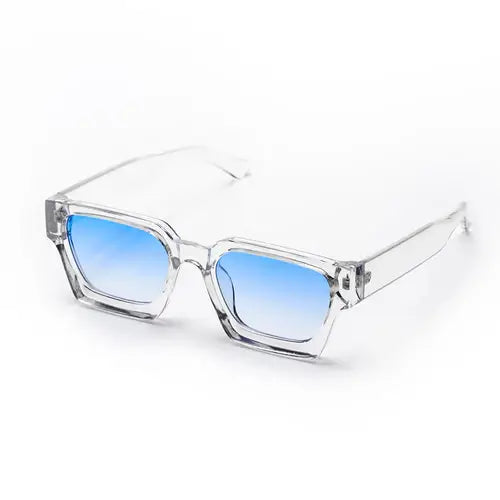 Luxe rectangle sunglasses with transparent frame and gradient blue lenses for a stylish and modern look.