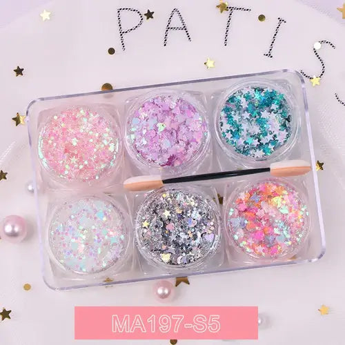 Rave Glow 6-Piece Glitter Gel Set featuring colorful glitters in jars for face, body, hair and nails.