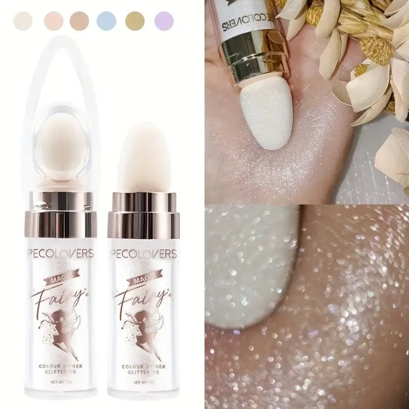 Fairy Dust Shimmer Powder showcasing iridescent highlighter in two bottles, with swatches and glitter on skin.