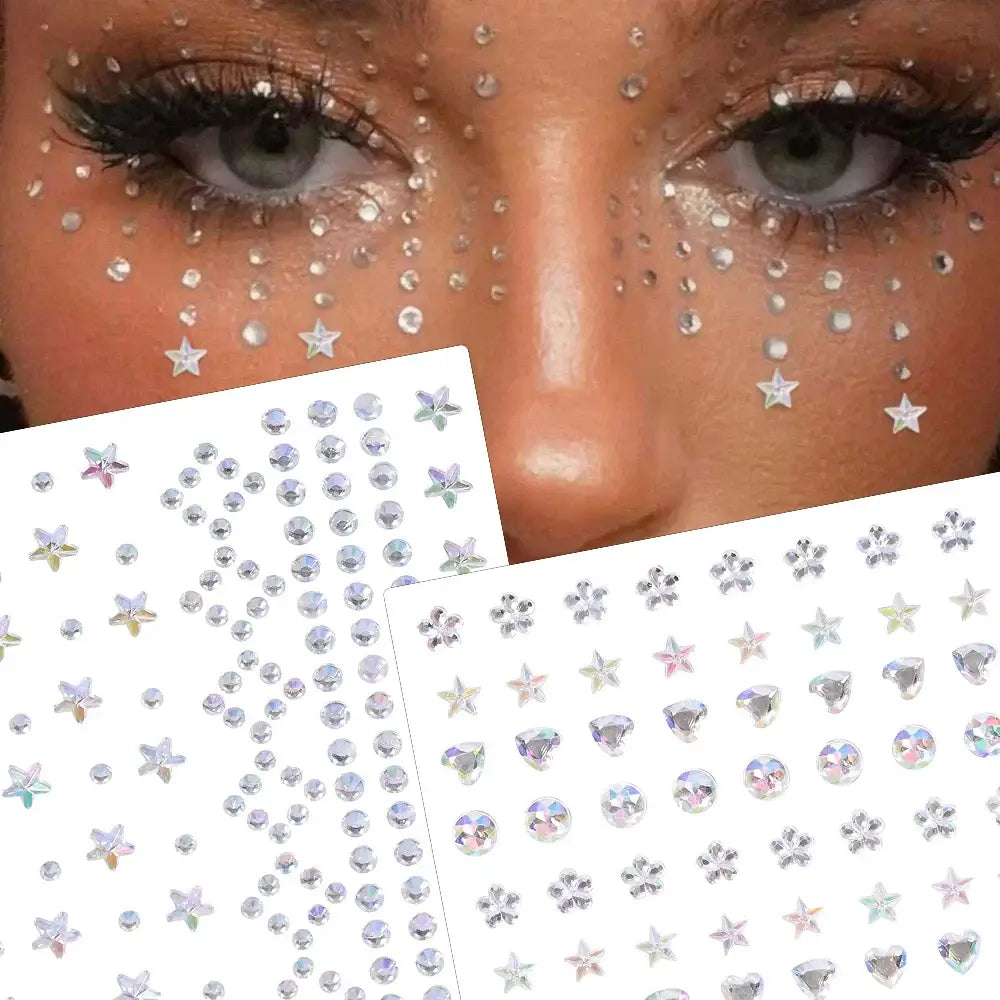 Stargirl Sparkle Gems in various shapes, showcasing iridescent rhinestones on a person's face for festival glam.